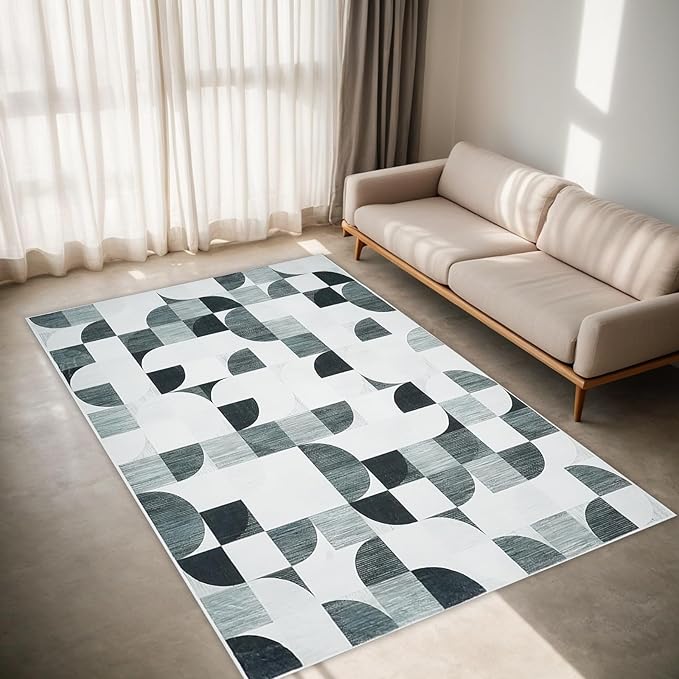 Modern Abstract Rug 5x7 Machine Washable, Boho Area Rugs for Living Room Bedroom Low-Pile, Large Throw Floor Carpet Non Slip Ultra-Thin Soft Indoor Gray