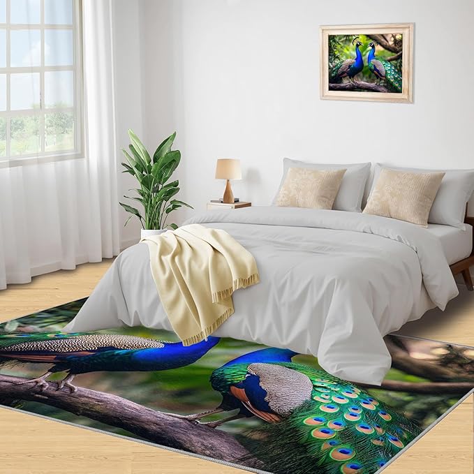 Peacock Rugs for Bedroom - 3x5 Rug, Peacock Couples Area Rugs for Living Room, Nature Carpet, Peafowl Washable Area Mat, Malachite Green Feather Carpet - Peafowl Home Decor & Gifts