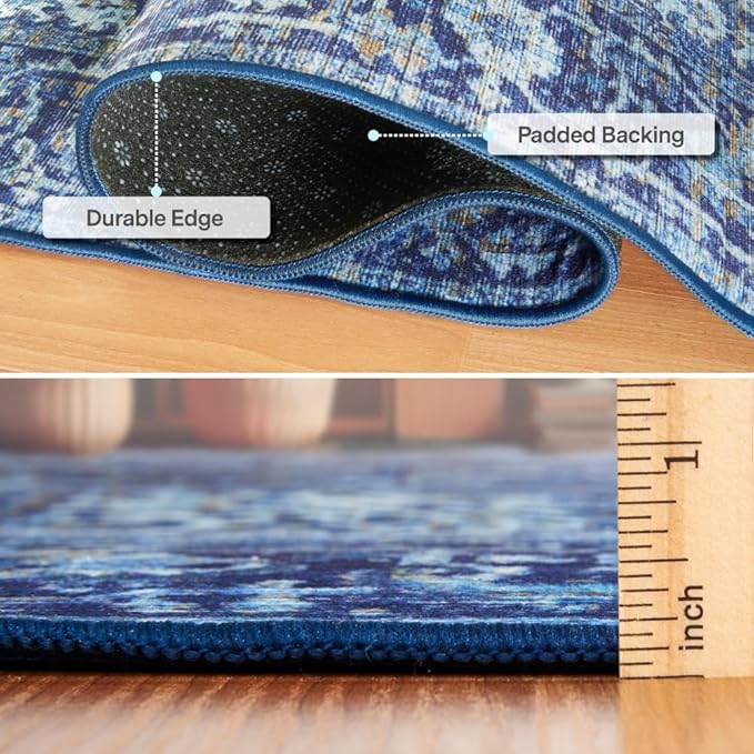 ReaLife Rugs Machine Washable Area Rug - Living Room Bedroom Bathroom Kitchen Entryway Office - Padded Low Pile Stain Resistant Premium - Boho Vintage Traditional - Lyle - Blue 5' x 7'