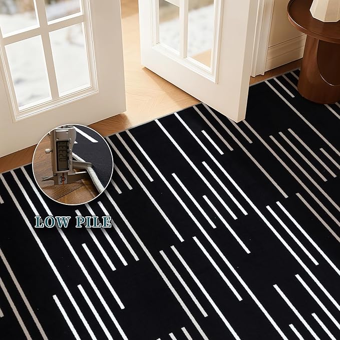 YIHOUSE Abstract Washable Rug 5x7,Ultra Thin Non Slip Black Rugs for Living Room,Modern Minimalist White Stripe Rugs for Bedroom,Dining Room Office Playroom (5'x7',Black-3)