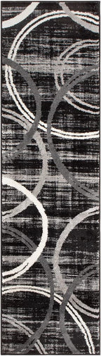 Rugshop Modern Wavy Circles Design Runner Rug, Non-Shedding Carpet for Hallway, Entryway, or Kitchen, Black, 2' x 7'2"