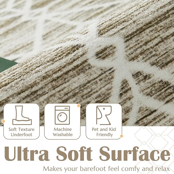 jinchan Moroccan 6x9 Area Rugs for Living Room - Machine Washable Modern Geometric Stain Resistant Ultra-Thin Low-Pile Large Rug Non-Slip Carpet for Bedroom Kitchen Dining Room (6x9ft, Taupe)