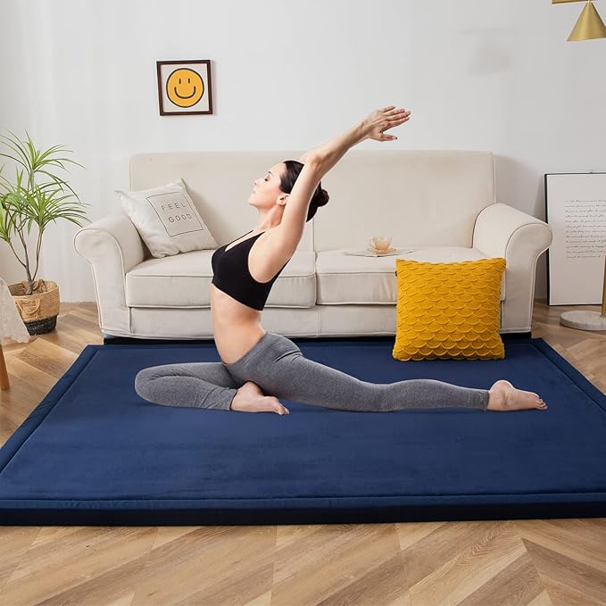 MAXYOYO Coral Velvet Area Rug, Thick Japanese Tatami Mat Living Room Carpet with Non-Slip Backing, Large Solid Color Mat for Bedroom Dormitory Yoga, Navy, 78 by 158 inch