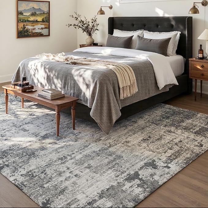 Area Rug 4x6 Washable Rug Black for Living Room, Dining Room, Bedroom, Large Carpets, Non Slip & Non-Shedding Low Pile Vintage Print Rug for Home Office Decor