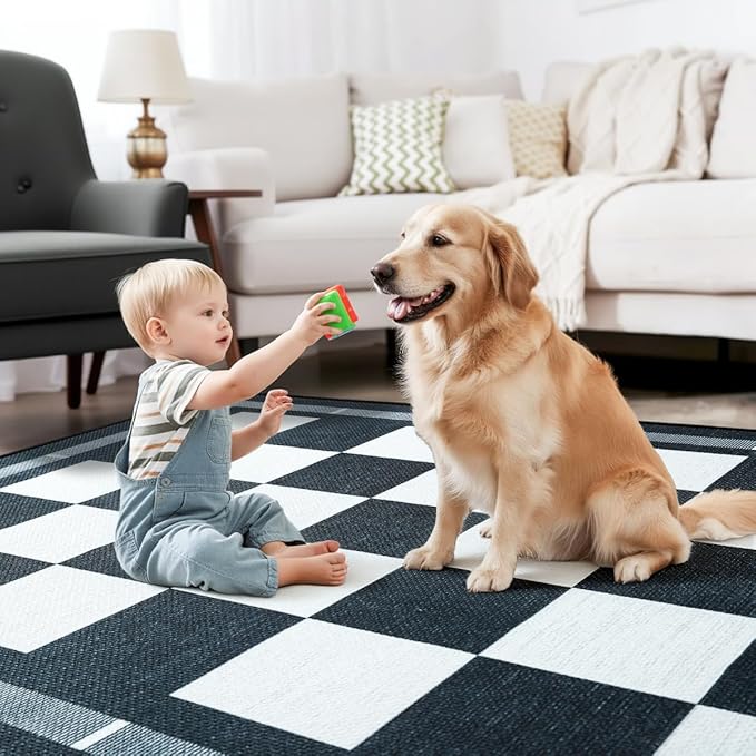 Vasofe Checkered Jute 5x7 Area Rugs, Washable Outdoor Patio Rug for Living Room Indoor Carpet, Non-Slip Farmhouse Geometric Non Slip Carpet for Backyard Dining Room Bedroom, Black and White