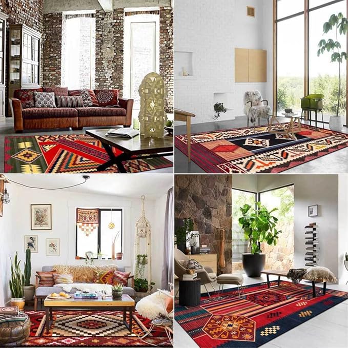 Vintage Boho Area Rugs Multicolor Ethnic Style Geometric Splicing Carpets Bedroom Living Room Kitchen Floor Mats Indoor Outdoor Non-Shedding Runner Rug Home Décor Carpet 5' X 6'