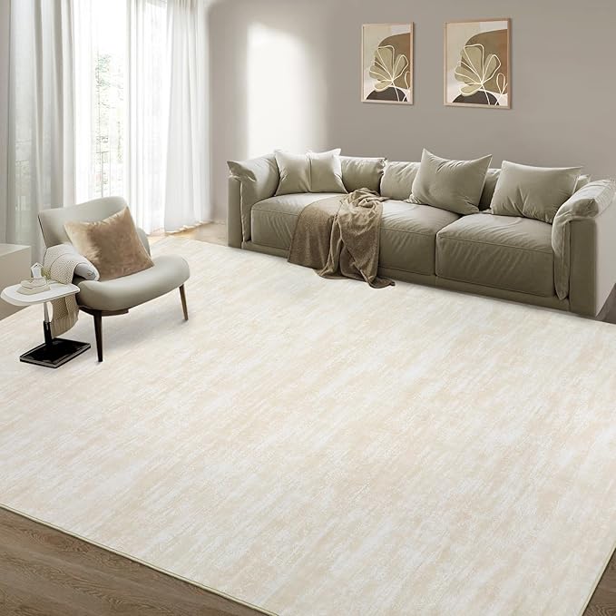 RUGSREAL Washable Contemporary Area Rug Low-Pile Solid Modern Area Rug Non-Slip Stain Resistant Home Office Solid Rug for Living Room Bedroom Kids Room, 5' x 7' Cream-White
