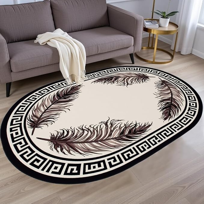 Light Beige Tan Black Greek Key Pattern Bordered Large Rugs for Living Room Bedroom Dining Room Machine Washable Non Skid Soft Area Rug 7x9 Nursery Dorm Guestroom Minimalist Oval Floor Mats Carpet