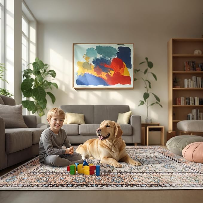 Area Rug for Living Room, 8x10 Machine Washable Non Slip Large Faux Wool Throw Rug, 0.3″ Low Pile & Non-Shedding Boho Large Carpet Rugs for for Dining Room, Bedroom, Office (Khaki)