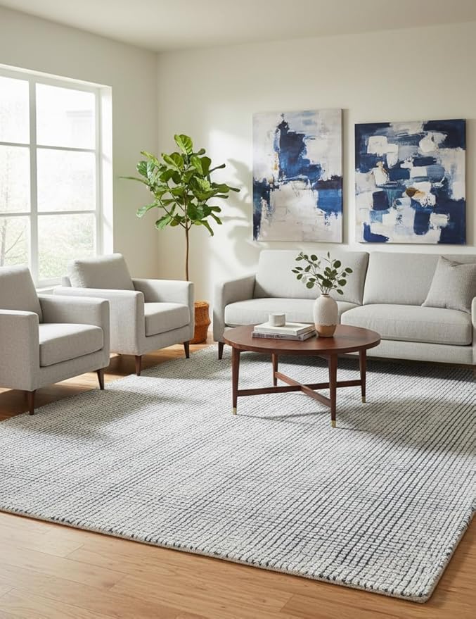 Hand-Tufted 100% Wool Pile Area Rug – Geometric Textured Grid Check Pattern – Thick and Durable Floor Carpet for Bedroom, Living Room, Kids Room, and Dining Area (Indigo Blue, 2.6' x 10')