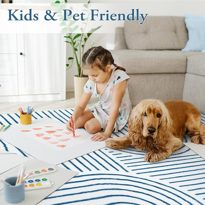 Lahome Abstract Washable Rugs, 4x6 Blue Rug for Bedroom Nursery Soft Non Slip Modern Living Room Rug, Ultra-Thin Non-Shedding Throw Carpet for Entryway Kitchen Office(4'x6',Blue/White)