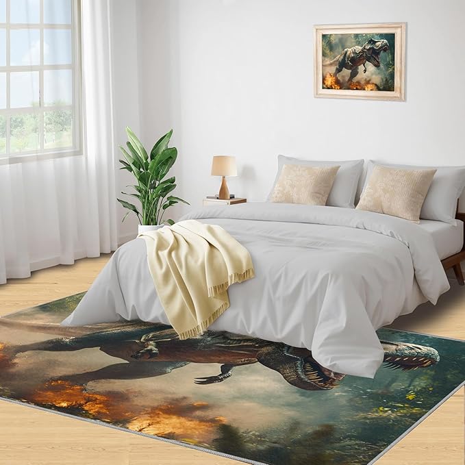 Dinosaurs Rugs for Bedroom - 4x6 Area Rug - Flame Dinosaurs Rugs for Living Room, Forest Landscape Rug, Washable Home Decor Carpet