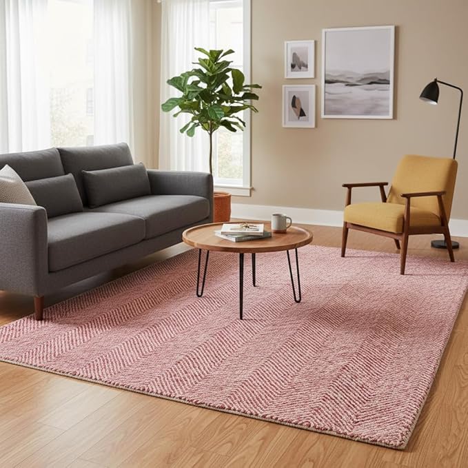Modern Herringbone Chevron Collection Handcrafted Wool Area Rug - Durable, Zigzag Pattern, for High Traffic, Contemporary Design for Living Room, Bedroom, Dining Room Decor (Blush Pink, 2.6' x 10')