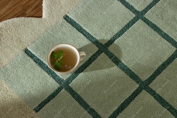 Mint Green Scalloped Edge Wool Area Rug with Checker Grid Design, Hand-Tufted Soft Carpet for Living Room, Bedroom, Nursery, Kids & Playroom Décor - 8x12 Ft