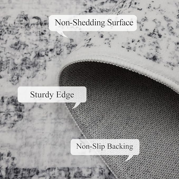 Washable 6x9 Area Rug for Living Room, Carpet for Bedroom Dining Room, Non Slip&Non-Shedding Resistant Low Pile Vintage Print Rug for Home Office ((White/Grey)