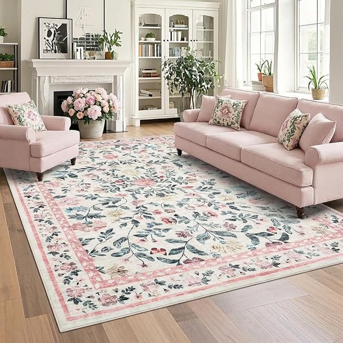 GarveeHome Washable Area Rug 9 x 12 for Living Room, Non-Slip Soft Vintage Rug, Low Pile Farmhouse Floral Carpet, Non-Shedding Indoor Foldable Printed Rugs for Bedroom, Pink