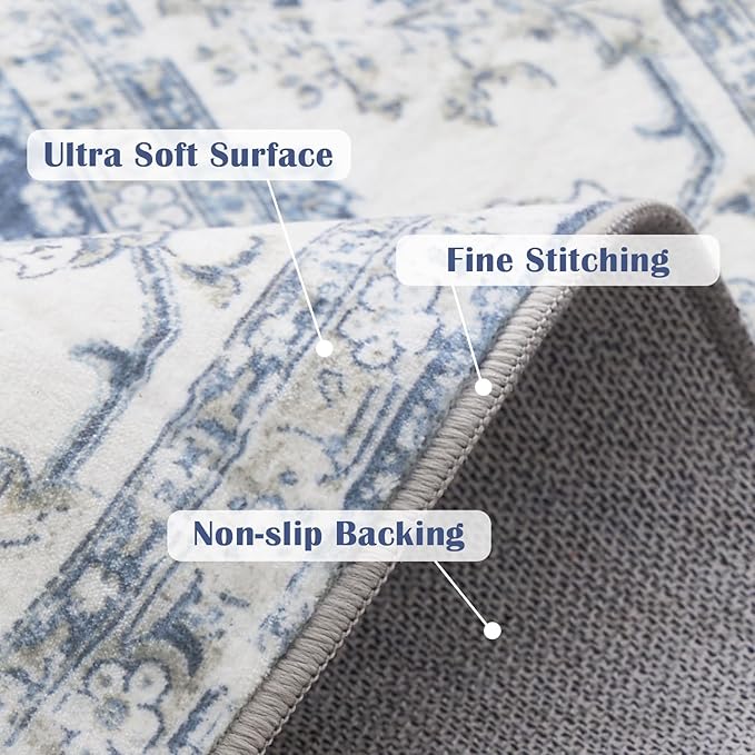 jinchan Fiora Round Rug 6ft Area Rug - Dark Blue Vintage Floor Mat Indoor Ultra-Thin Soft Floral Print - Washable Circle 6' Retro Accent for Farmhouse Non Slip Dining Room Living Room Bedroom Office
