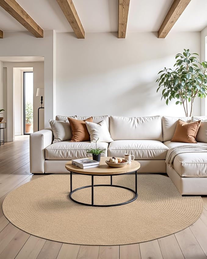 DEXI Round Jute Rug Natural Fiber 6x6, Braided Woven Area Rugs No Shed, Large Soft Neutral Rustic Carpet Mat for Indoor Outdoor Patio Dining Living Room Bedroom Farmhouse, 6ft, Beige