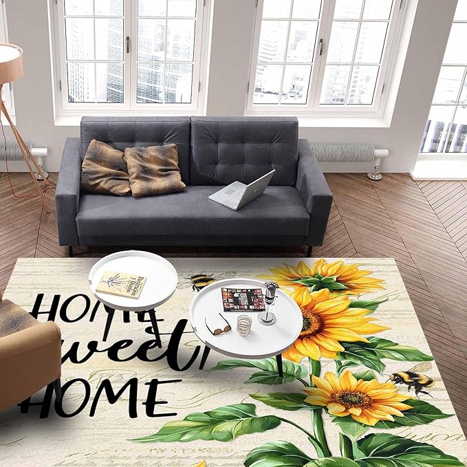 Summer Sunflowers Rectangular Area Rugs for Living Room Bedroom 5 x 8 ft Rustic Floral Bees Green Leaves Non-Shedding Soft Low Pile Rug Non Slip Washable Rug for Nursery Entryway Playroom