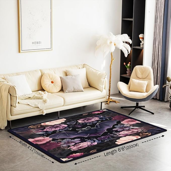 Black Floral Bat 5x7 Area Rug Halloween Bats Living Room Rug | Boho Flowers Rugs for Bedroom, Romantic Plant Gothic Carpet Indoor Floor Mat