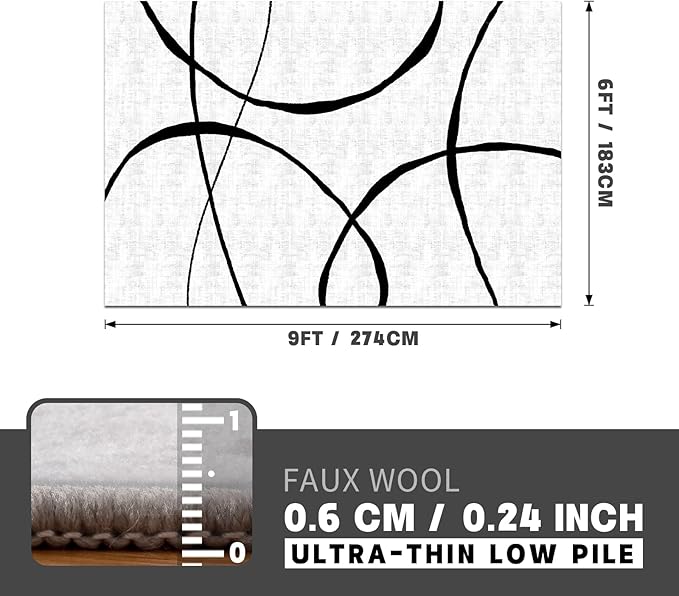 YIHOUSE 6'x9' Black and White Rug- Washable Area Rug for Living Room Bedroom, Large Modern Non-Slip Ultra-Thin Rug Home Decor,Curve,6x9ft