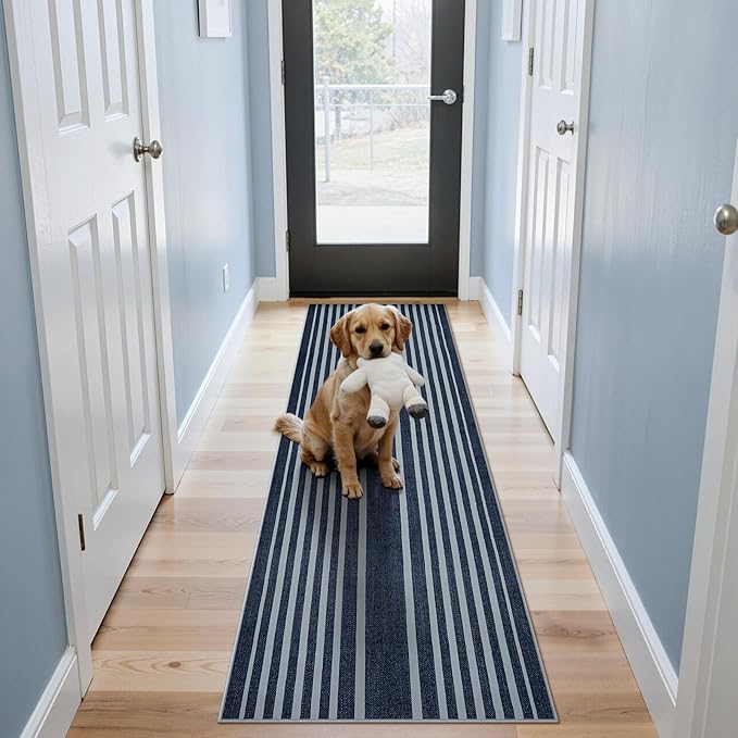 Beeiva Striped 2X6 Runner Rug for Bathroom, Washable Runners for Hallways Entryway, Blue Runner Rugs with Non Slip Rubber Backing, Soft Low Pile Floor Carpet for Indoor Kitchen Porch Bedroom