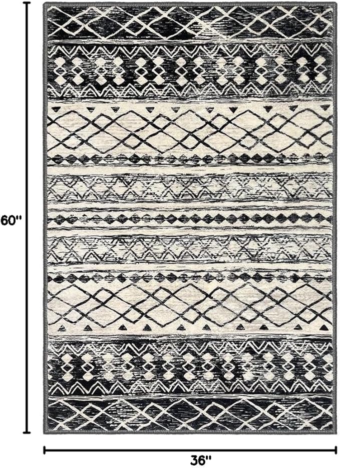 KUTA Boho Moroccan 3x5 Rugs for Entryway, Black Non-Slip Washable Low-Pile Living Room Area Rug, Ultra Soft Distressed Geometric Print Throw Carpet for Entrance, Bedroom, Nursery, Dorm, Kitchen
