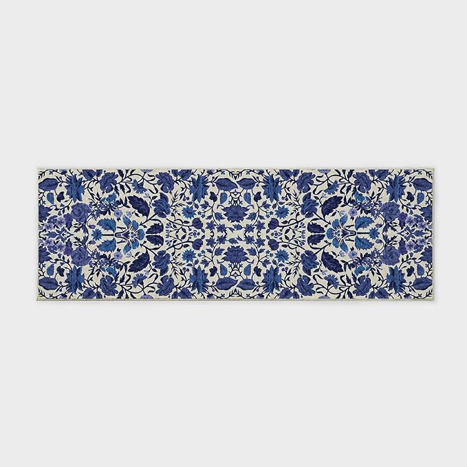 EVERGRACE Hallyway Area Runner Rugs 2x6, Boho Floral Faux Wool Indoor Outdoor Rugs, Washable Rugs for Bedroom Bathroom Living Room Kitchen, Low Pile Floor Mat Carpet for Home Decor, Celtic Blue