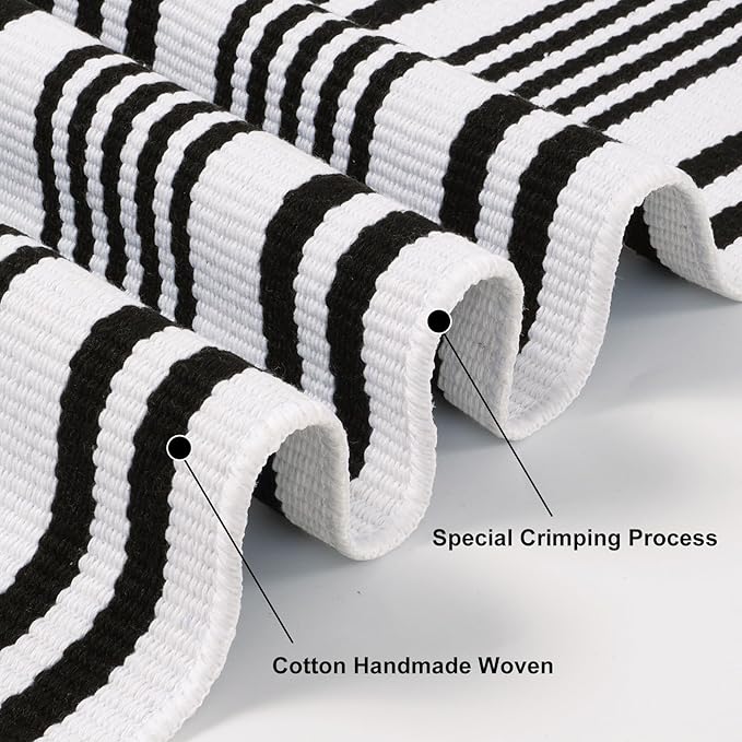Outdoor Front Door Mat 3'x5', Black and White Cotton Hand Woven Striped Rug,Reversible Washable Front Porch Rug, Foldable Layered Doormat for Entryway/Home Entrance/Farmhouse