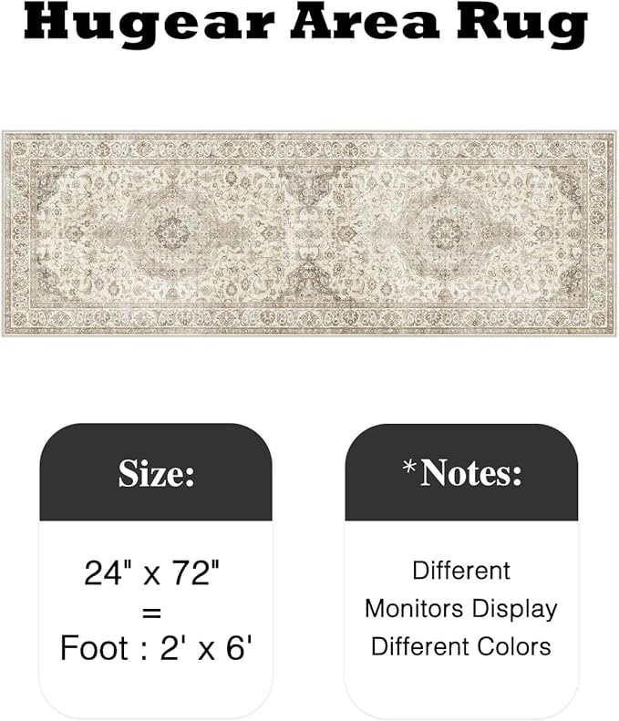 HUGEAR 2x6 Runner Rug Hallway Vintage Brown Machine Washable Neutral Floral Low Pile Carpet Vacuumable Thin Long Throw Rug Bedroom Office Bathroom Kitchen Laundry Non Slip Soft Lightweight