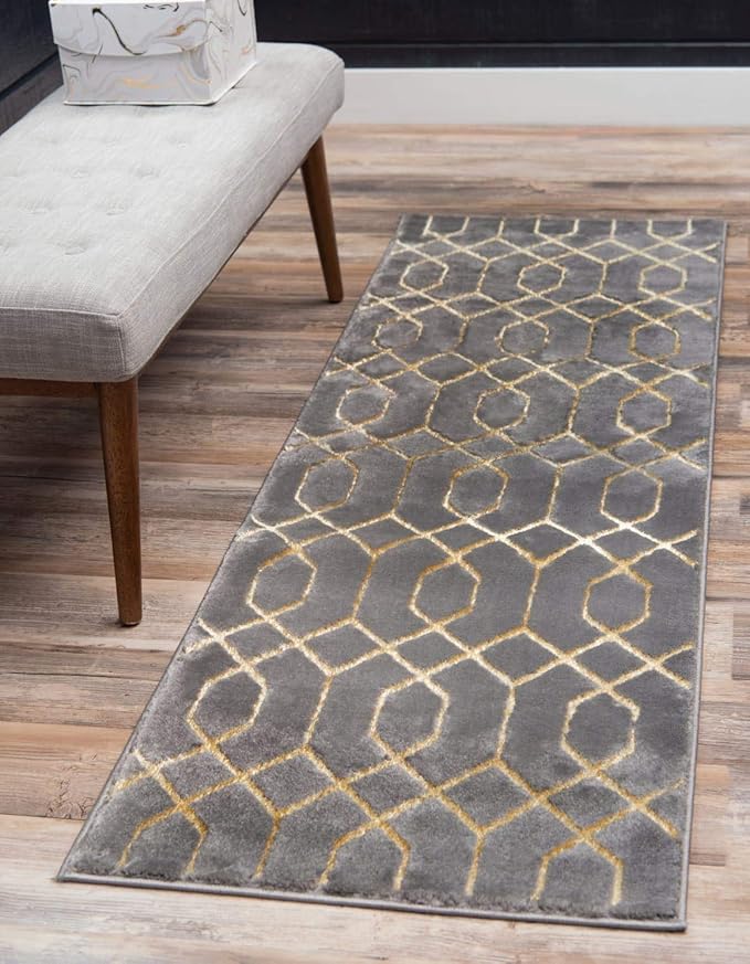 Unique Loom Marilyn Monroe Glam Collection Area Rug - Trellis (2' x 10' Runner, Gray Gold/ Gold)