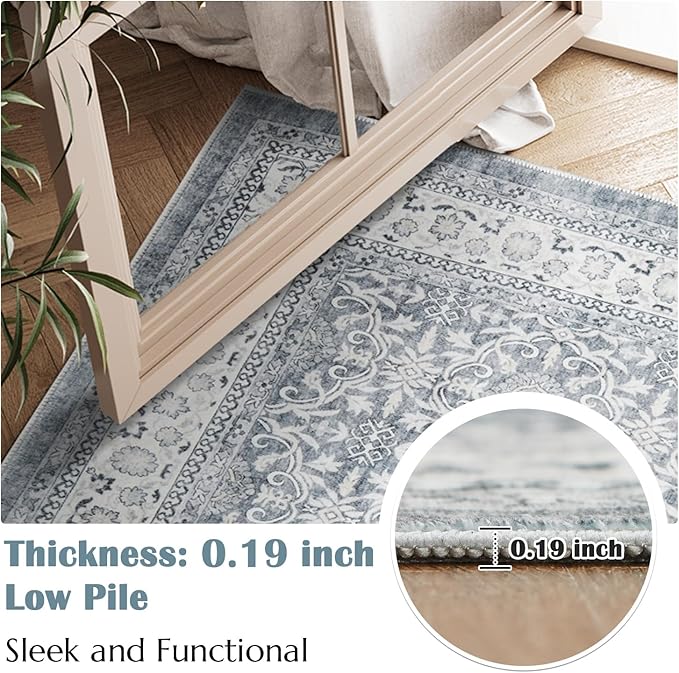 jinchan Hallway Runner Rug 3x7 - Machine Washable Grey Vintage Floral Distressed Design Soft Non-Slip Low-Pile Ultra-Thin Runner Rug for Kitchen Laundry Room Bedroom Farmhouse (3‘x8', Grey)
