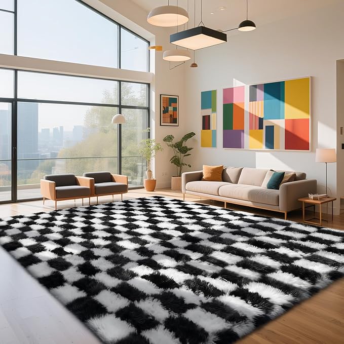 Checkered Rug for Living Room, 9x12 Black and White Area Rugs, Classic Checkered Carpets Shaggy Area Rug, Bedside Rugs for Living Room Bedroom Kids Room Home Decor