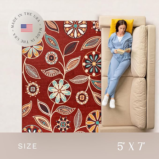 Maples Rugs Reggie Floral Area Rug - Made in USA - Low Pile, Non Slip, Pet-Friendly Mat for Living Room, Bedroom, and Office, 5' x 7', Merlot