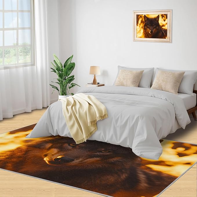 Wolf Rugs for Bedroom - 3x5 Area Rug - Timber Wolf Rugs for Living Room, Sunset Landscape Rug, Non-Slip Washable Home Decor Carpet