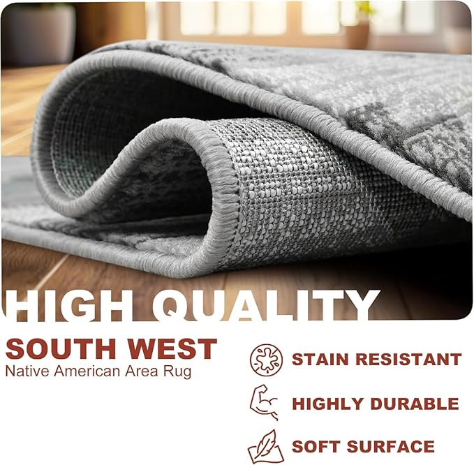 YHSF South West Native American Rug Ritz – Native Tribal American Indian Inspired Rug - Living Room, Bedroom, Hallway, Entryway & High-Traffic Area Rugs - Washable - Soft - Steel, 2 Feet x 3 Feet
