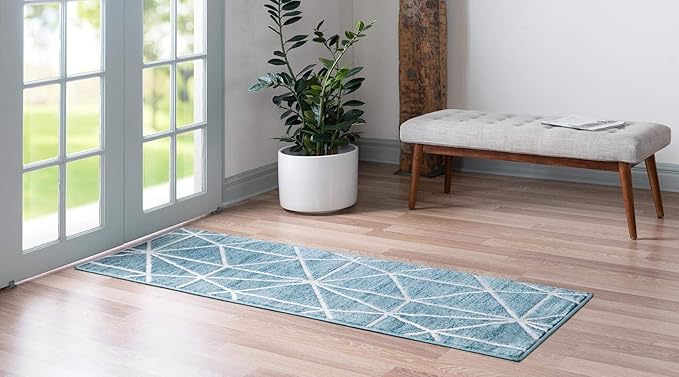Rugs.com Lattice Trellis Collection Rug – 6 Ft Runner Blue Low-Pile Rug Perfect for Hallways, Entryways