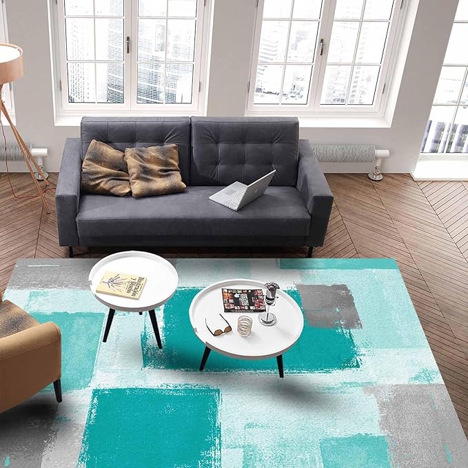 Teal Green Rectangular Area Rugs for Living Room Bedroom 4 x 6 ft Abstract Paint Texture Modern Art Non-Shedding Soft Low Pile Rug Non Slip Washable Rug for Nursery Entryway Playroom