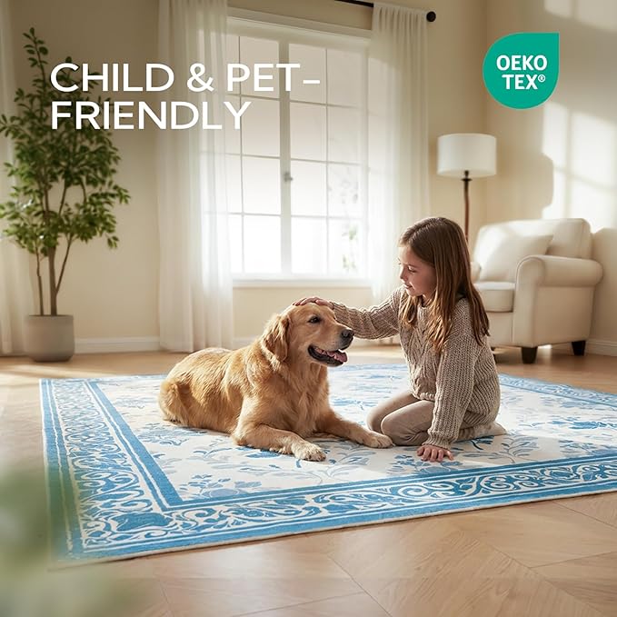 SOULFUL Medium Pile 8x10 Rugs for Living Room - Soft Underfoot Large Area Rug - Blue Boho Floral - Washable Non-Slip - Perfect for Bedroom Kids Room Under Dining Table Office