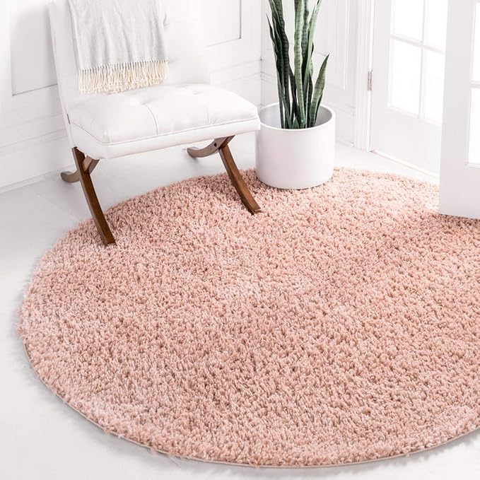 Unique Loom Davos Shag Collection Area Rug - Solid (4' 1" Round, Dusty Rose)