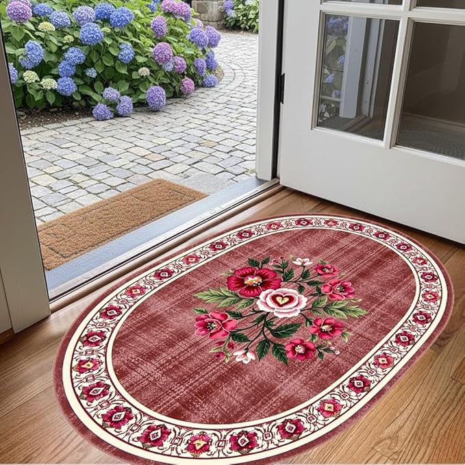 Retro Country Distressed Burgundy Green Florals Texture Bordered Rugs 5x7 for Living Room Bedroom Dining Room Soft Washable Non Skid Area Rug Guestroom Kitchen Doormats Rustic Indoor Oval Carpet