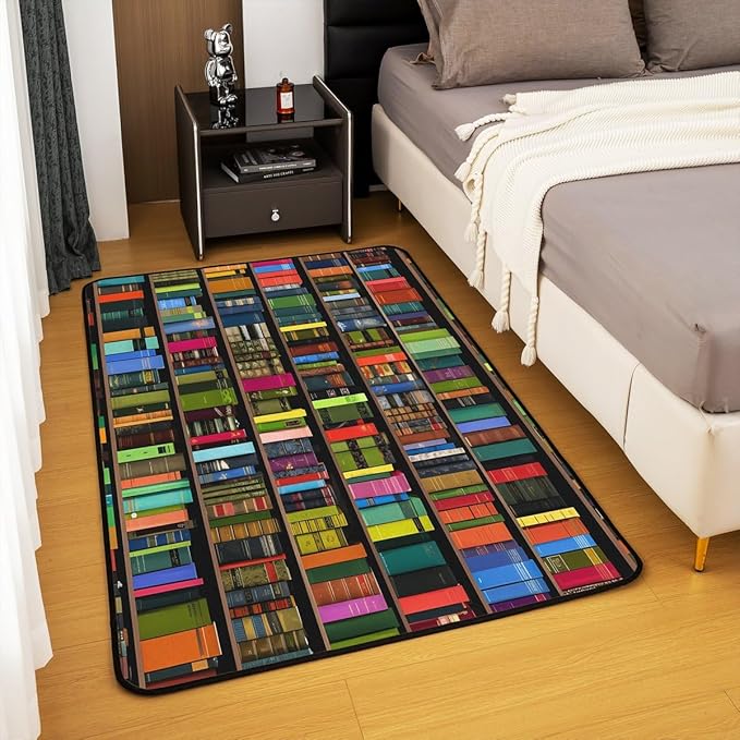 Books Large Area Rug 5x7 Rainbow Bookshelf Living Room Rug | Watercolor Book Shelf Rugs for Bedroom, Bookcase Bookrack Carpet Indoor Floor Mat
