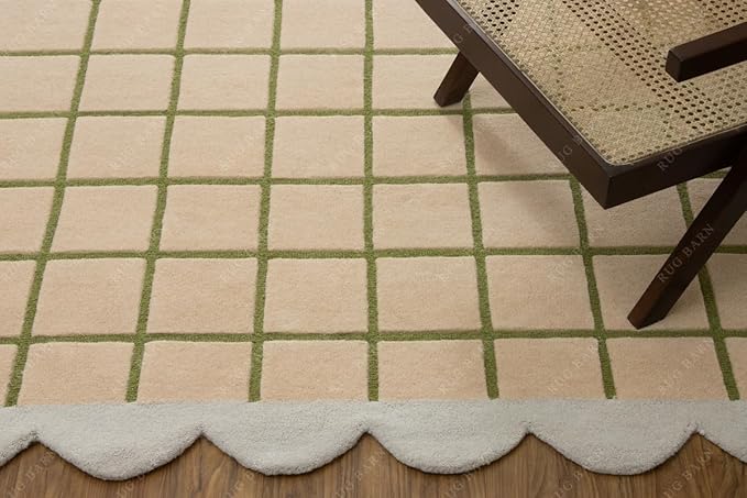 Scalloped Border Wool Area Rug with Windowpane Grid, Hand-Tufted, Beige-Blush with Sage Lines & Light Purple Edge - Soft High-Low Pile for Living Room, Bedroom, Nursery - 2.5x12 Ft (Runner)