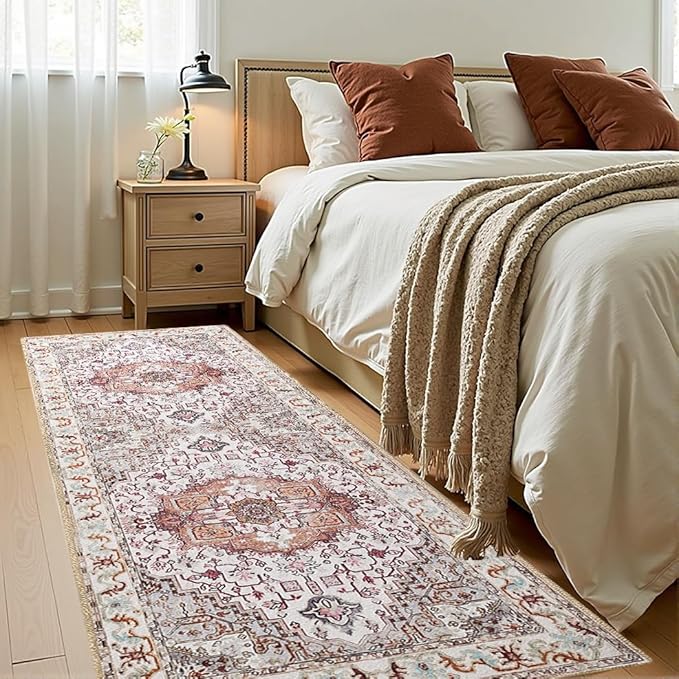Runner Rug 2×6, Machine Washable Non-Slip Vintage Area Rug, Low Pile, Indoor Carpet Printed Floral Rugs for Living Room, Entryway, Kitchen, Bedroom,Beige
