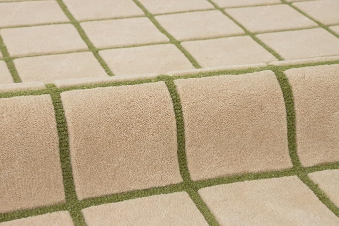 Scalloped Border Wool Area Rug with Windowpane Grid, Hand-Tufted, Beige-Blush with Sage Lines & Light Purple Edge - Soft High-Low Pile for Living Room, Bedroom, Nursery - 9x12 Ft