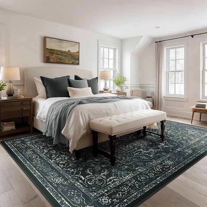 Distressed Black Rugs for Living Room 6x9, Low Pile Thin Area Rugs for Bedroom Manchine Washable Non Slip, Dark Medallion Pinted Carpet for Dining Room Guest Room Home Office