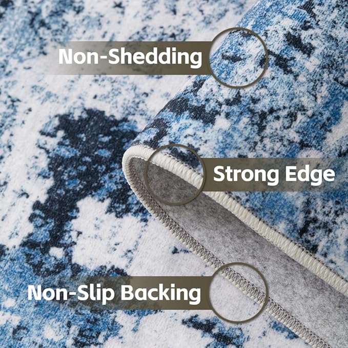 Area Rug 6x9 Washable Rug Blue for Living Room, Dining Room, Bedroom, Large Carpets, Non Slip & Non-Shedding Low Pile Vintage Print Rug for Home Office Decor
