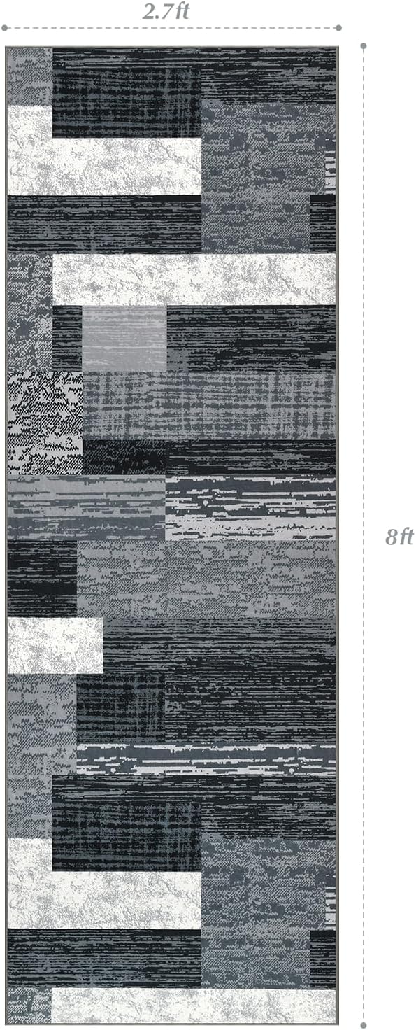 Indoor Runner Rug, Washable Runner Rug with Rubber Backing, Modern Geometric Patchwork Aesthetic Carpet for Bedroom, Living Room, Hallway, Entryway, Washable Rugs Rockwood Collection, 2.7x8 Ft Grey
