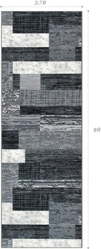 Indoor Runner Rug, Washable Runner Rug with Rubber Backing, Modern Geometric Patchwork Aesthetic Carpet for Bedroom, Living Room, Hallway, Entryway, Washable Rugs Rockwood Collection, 2.7x8 Ft Grey