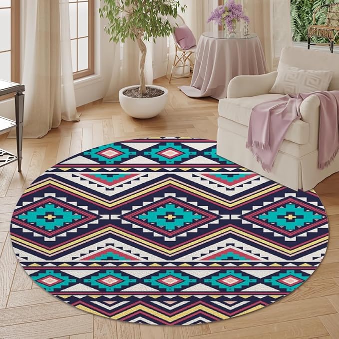 Native Tribal Geometry Round Rug Vintage Blue White Living Room Bedroom Area Rug Non Slip Soft Low Pile Washable Indoor Floor Carpet for Dining Room Kitchen Office Entryway 8ft